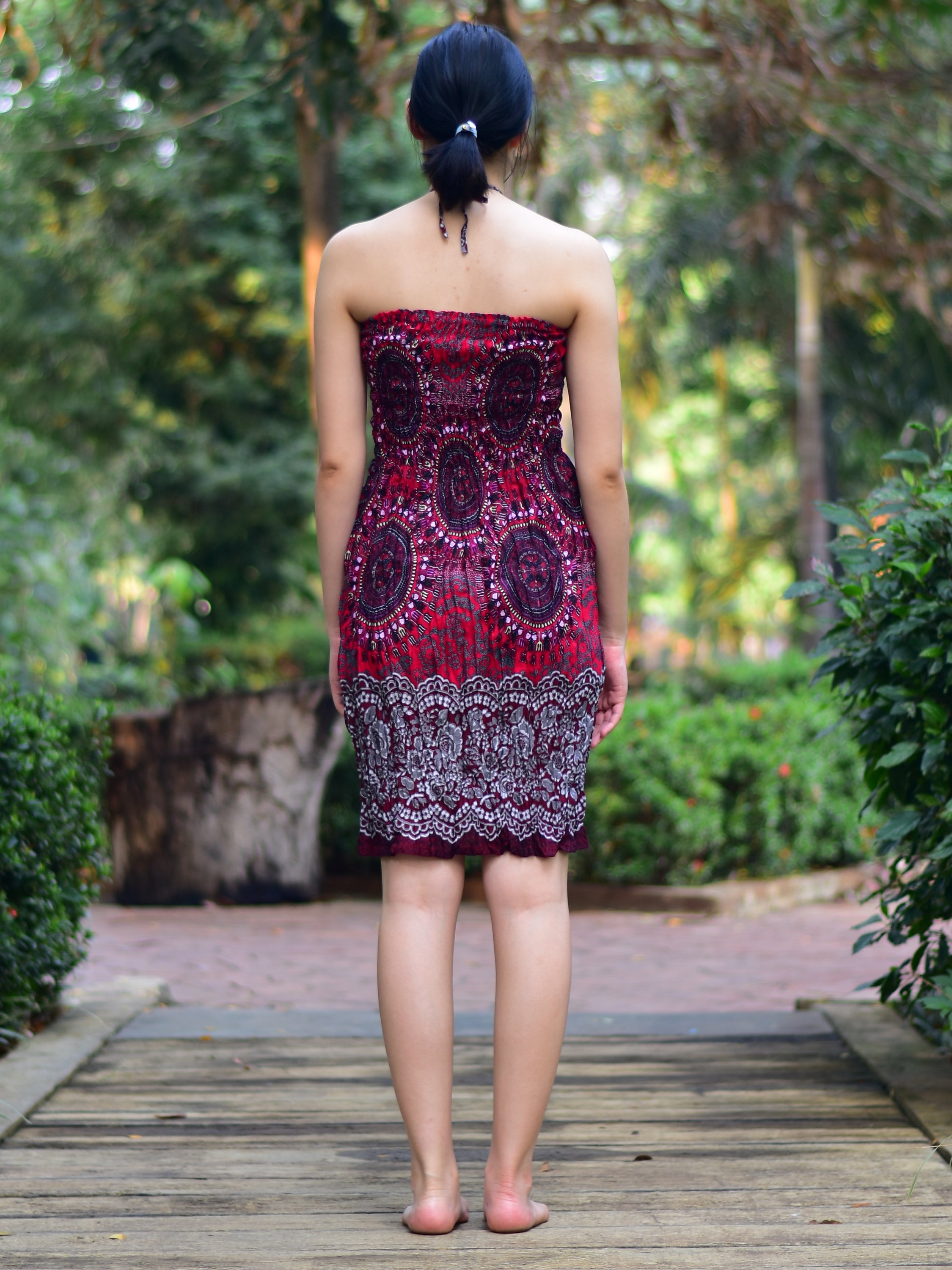 Bohotusk Red Sun Glow Print Short Mini Dress with Tie Neck, showcasing a vibrant print and stylish design.